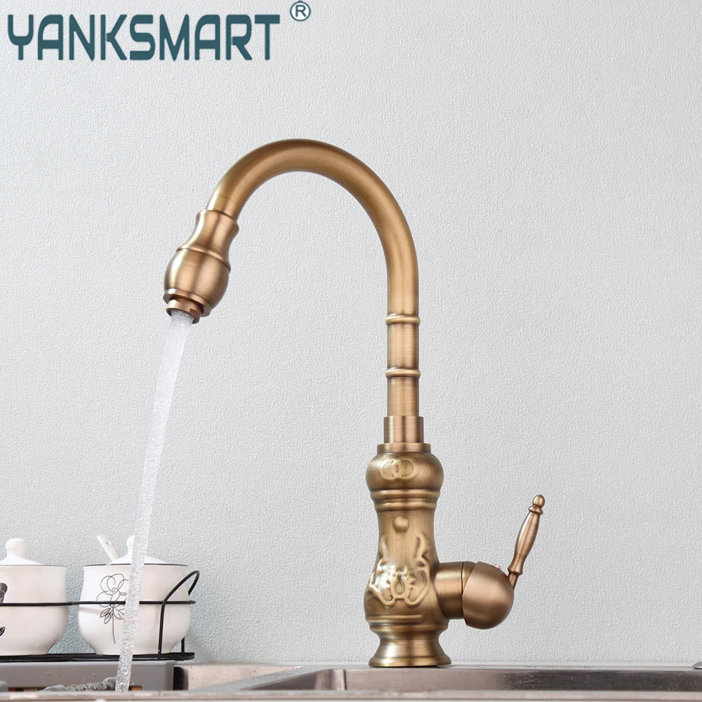 

YANKSMART Kitchen Faucet Antique Brass Bathroom Basin Sink Faucet Swivel Spout Vanity Single Handle Deck Mounted Mixer Water Tap
