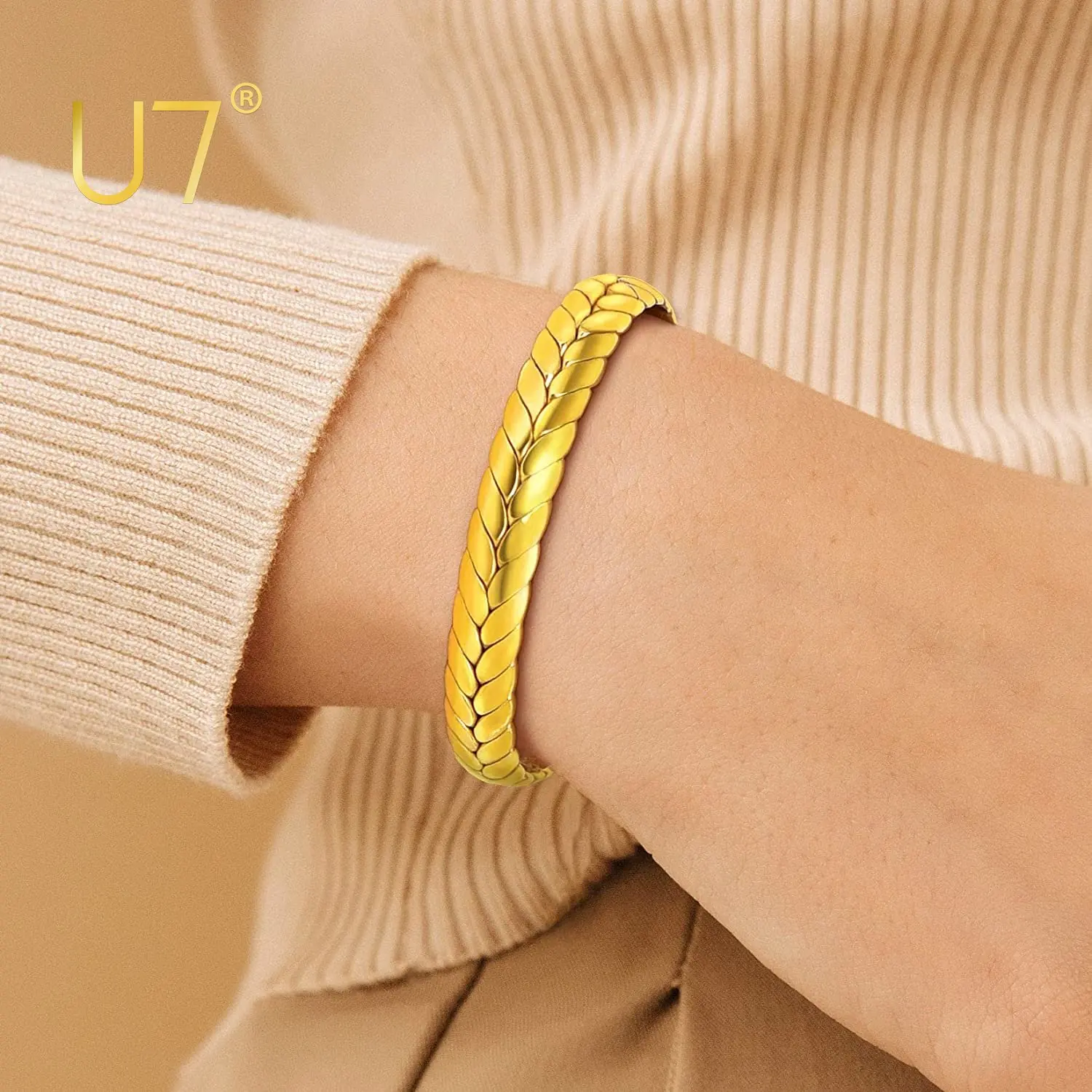 

U7 Cuff Bracelet Adjustable Wheat Style 7.7mm Wide Gold Plated Twisted Open Bangle for Women Adjustable