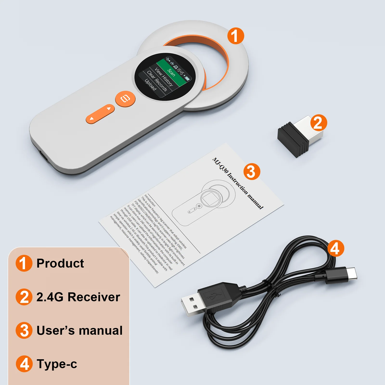 Фото Модель MJ-Q30 125 кГц 134,2 кГц RFID-сканер микрочипов для животных 3-в-1 6.1 2.4G USB сканер чипов для домашних животных с 1,44-дюймовым TFT-экраном №4