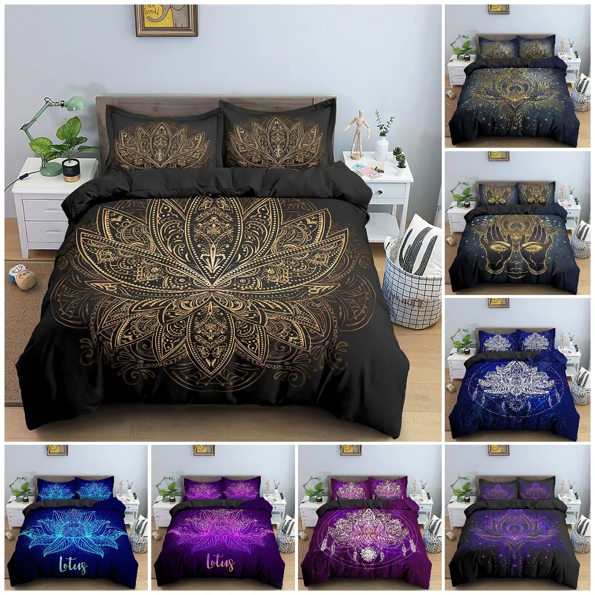 Lotus Duvet Cover Set Mandala Lotus Pattern Twin Bedding Set Chic Exotic Boho Style for Teens Adults Queen King Size Quilt Cover