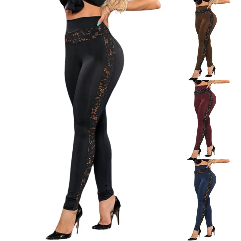 

Winter 2023 Solid Color Elastic Lace Patchwork Color Lift Hip Sports Pants Yoga Pants Tight Leggings Women's Wear