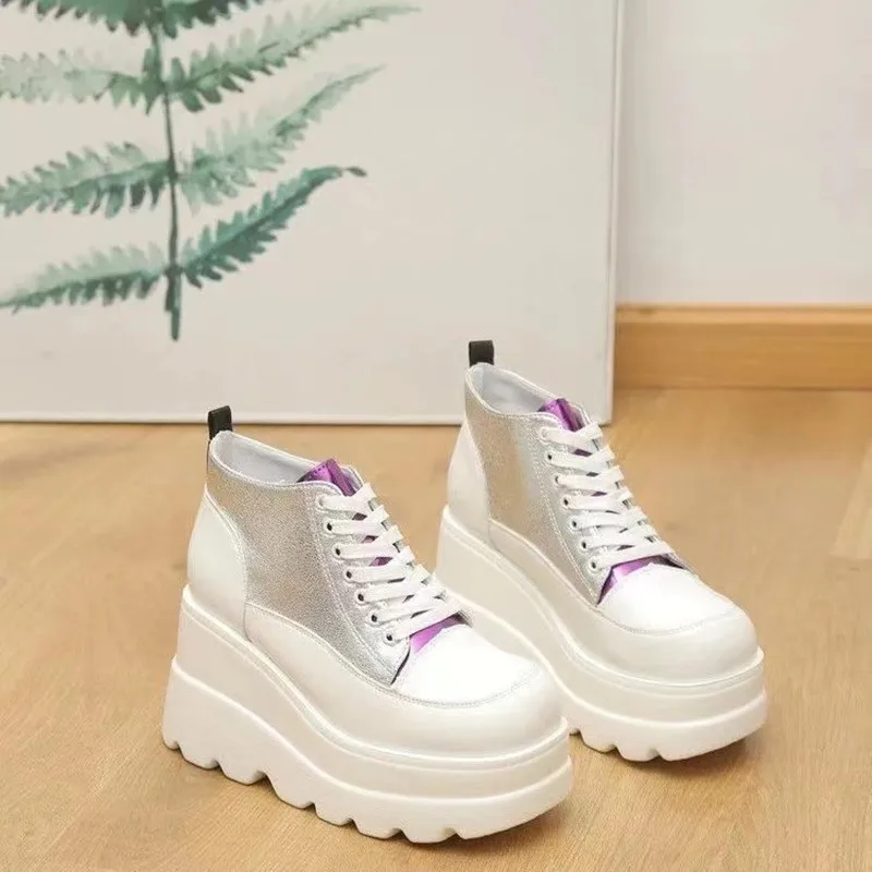 White Women Sneakers Wedges Lace Up Shoes Thick Vulcanized Shoes High Heel Pumps Casual Comfy Female Breathable Chunky  Platform