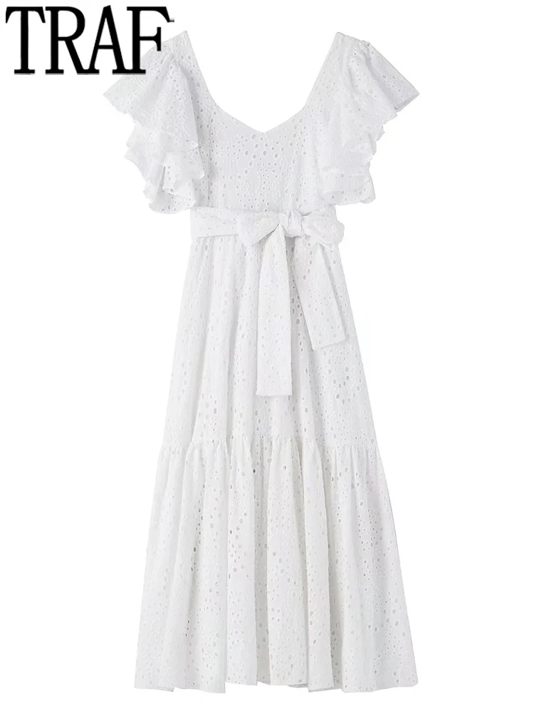 

Летнее белое женское платье с вырезом, оборками и коротким рукавом, 2022