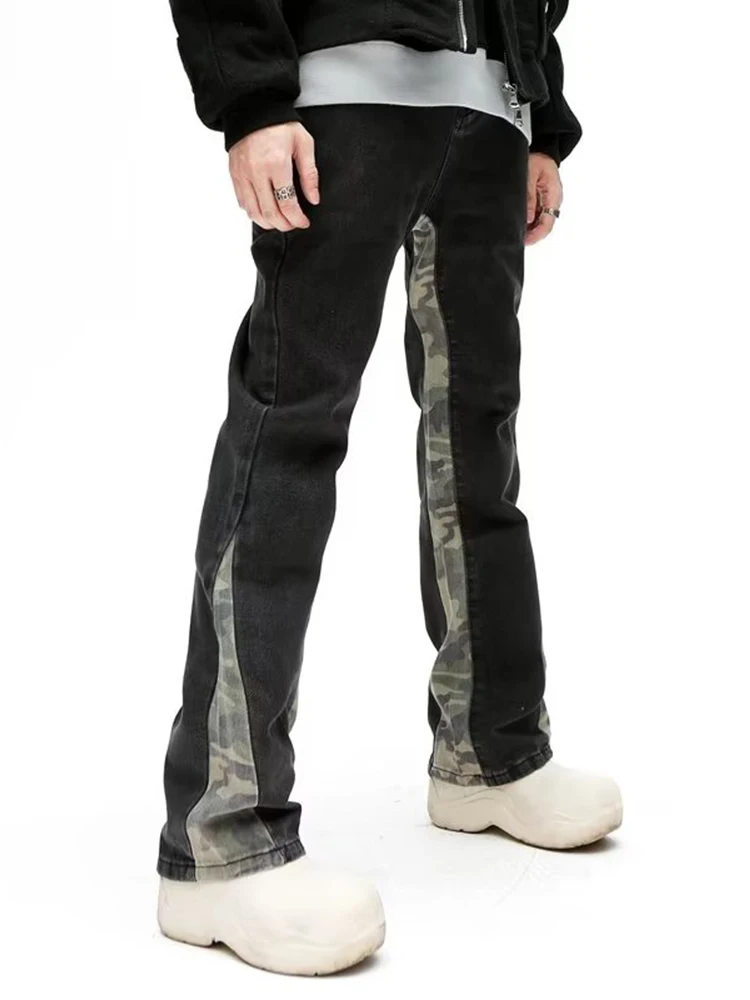 American Retro Stitching Camouflage Jeans Men's Comfortable Loose Jeans VIBE Style Micro -flared Pants Long Pants Men's Clothing
