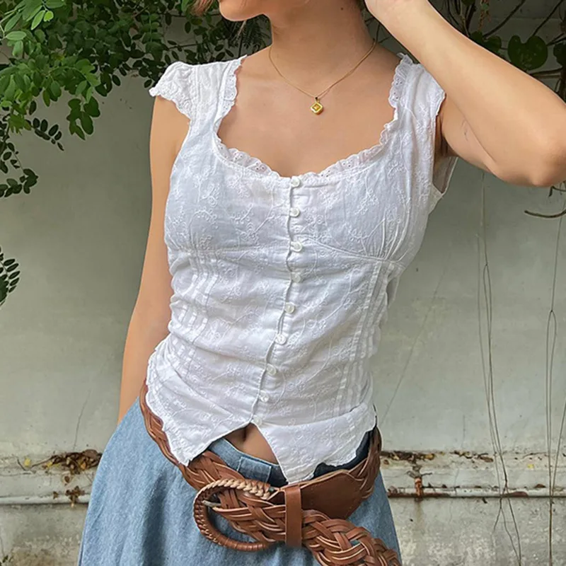 

Combhasaki Women's Y2K Vintage Button Down Front Split T-Shirts Cap Sleeve Square Neck Lace Trim Tops Back Tie-up Blouse Shirts