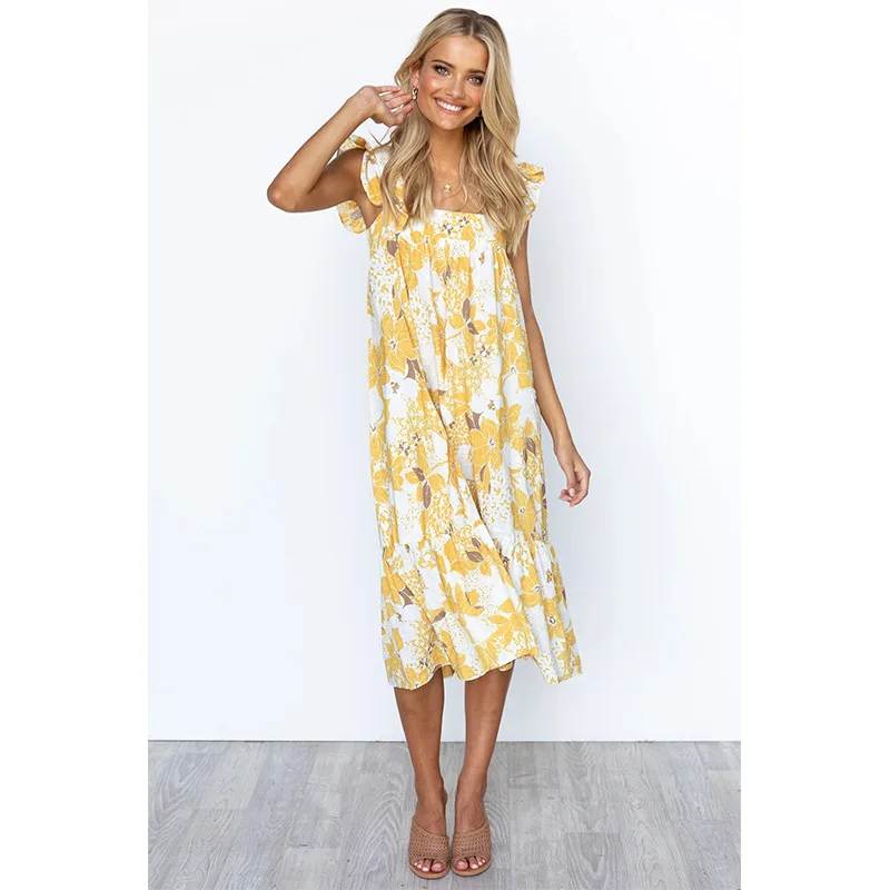 

2022 European and American Summer New Women's Sweet Print Square Collar Flounces Sleeveless Dress