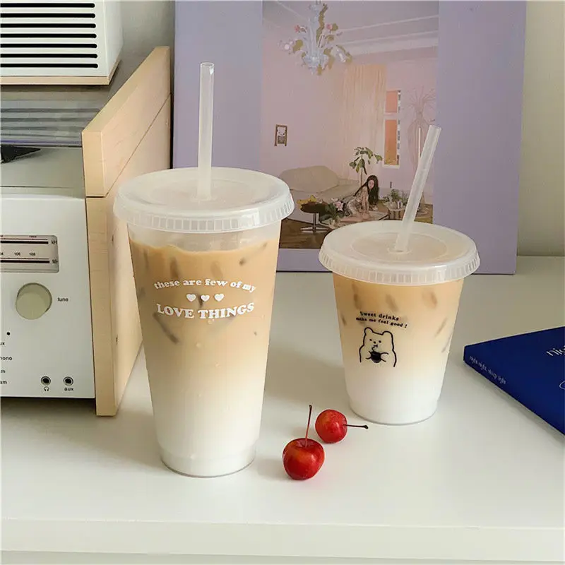 

480/700ML Cute Water Bottle With Straw Reusable Drinking Bottle BPA Free Transparent Coffee Cup Milk and Mocha Cola Juice Mugs