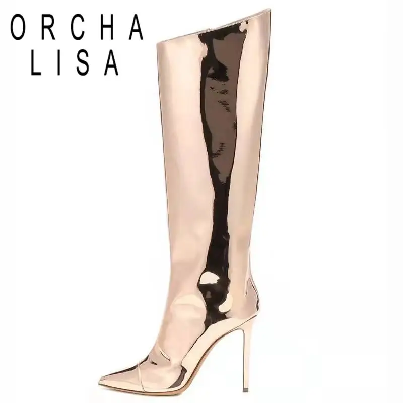 

ORCHA LISA New Patent Leather Women Boots Pointed Cap Toe Thin Heels 9cm Zipper Big Size 34-43 Western Boots Fashion Solid S4071