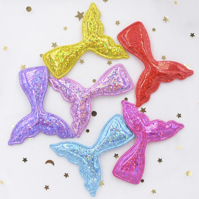Wholesale 60Pcs 55*50mm Laser PU Fabric Pads Patches Glitter Mermaid Tail Applique for DIY Girl Hair Clips Decor Accessories