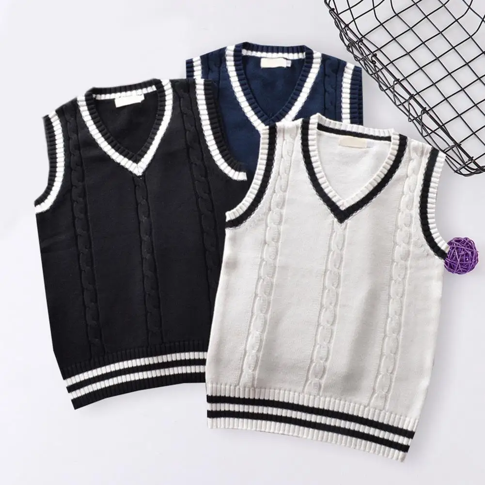 

S-4XL British Style Sweater Vest V Neck Sleeveless Ribbed Trim Patchwork Color Twist Unisex Knitted Waistcoat Daily Clothing