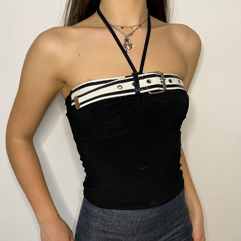 

Y2K Fairy Aesthetic Halter Crop Top Vintage Black Bandage Backless Corset Chic Women Off Shoulder Strapless Camis Harajuku Vest