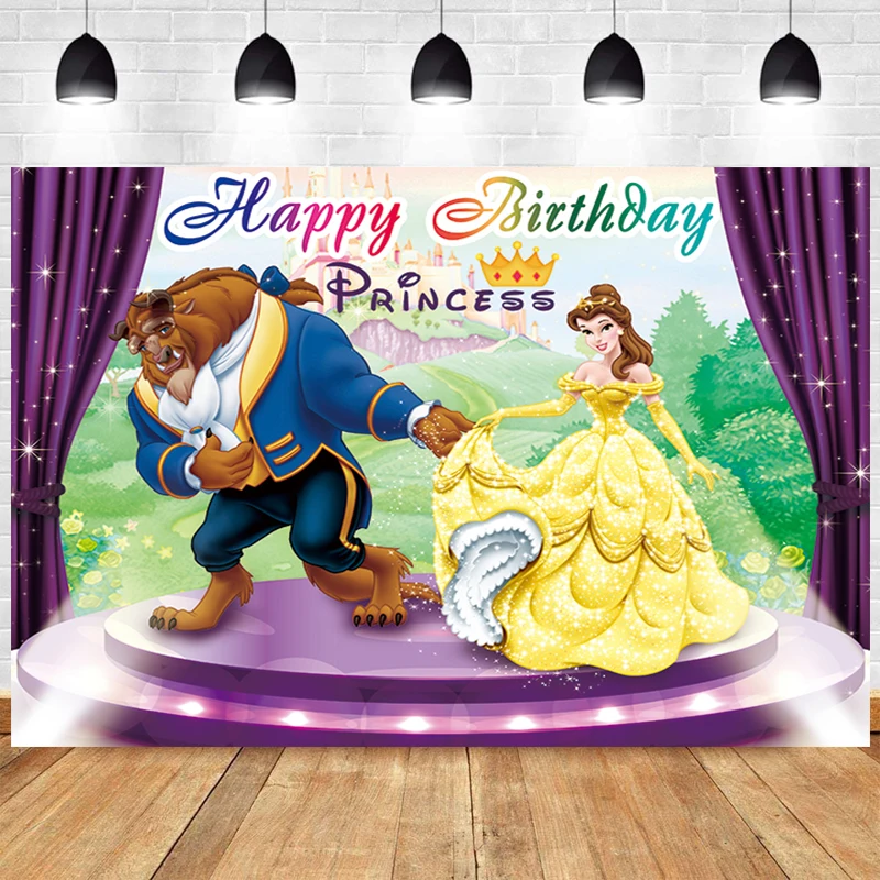 

Disney Beauty And The Beast Photo Backdrop Princess Girls Happy Birthday Party Photograph Background Banner Decoration Studio