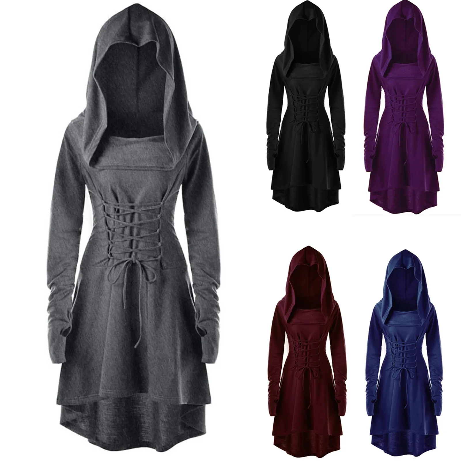 

2023 New Dress Hooded Pullover Up Dress Long Costumes Bandage Lace Women High Low Vintage Cloak Women vestido navidad mujer