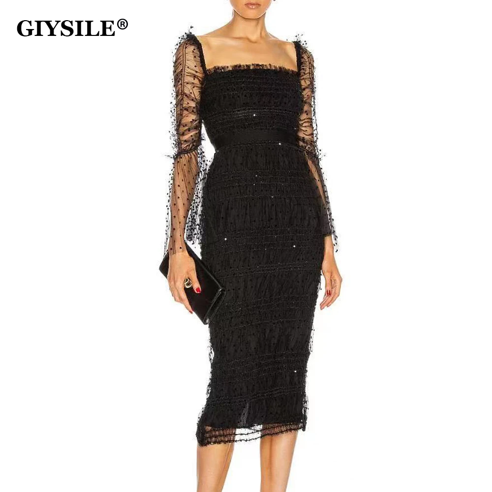 

GIYSILE Black Flare Long Sleeve Bandage Evening Dresses For Women 2022 Sexy Polka Dot Gauze Elegant Ladies Office Bodycon Dress