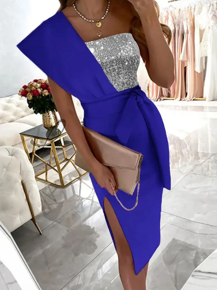 

Lady Sexy One Shoulder Sequins Shiny Party Dress Spring Slim Bodycon Belt Women Dress Summer Hollow Backless Slit Office Dresses