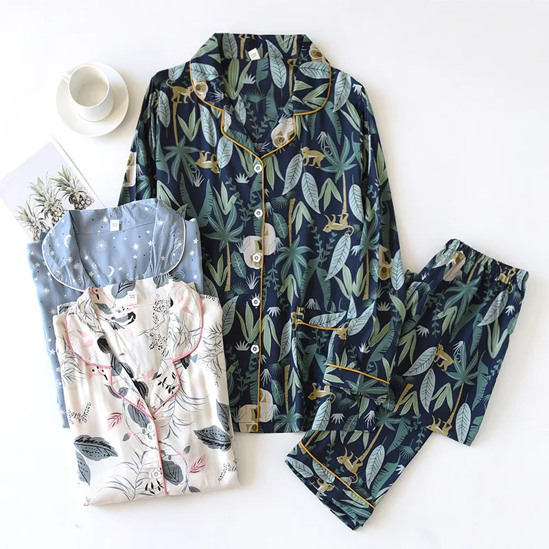 New 100% Viscose Pajamas Two-piece Long-sleeved Trousers Women's Flowers Comfortable Plus Size Homewear Suit