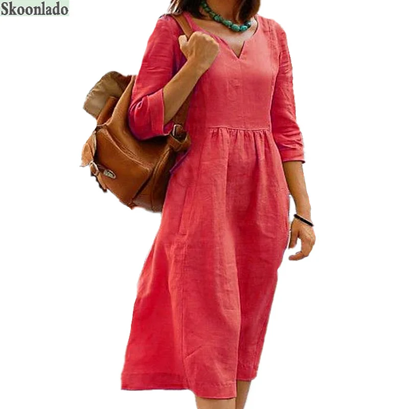 

Overseas Sizes Women Cotton Linen Long Dress Linen Women Dresses V Neck Lady Long Sleeve Cotton Casual Elegant Clothes Autumn