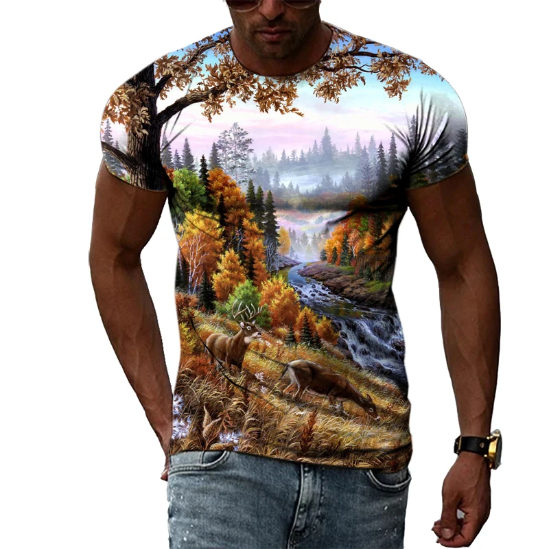 Zomer Mode Bos Print T-Shirt Mannen Casual Persoonlijkheid Animal Print T-Shirt Hip Hop T-shirt met Korte Mouwen