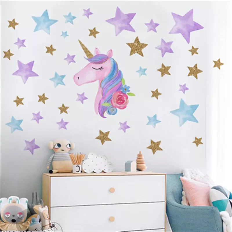 

Cute Golden Stars Unicorn Wall Decals Home Decor Nordic Unicorn Wall Stickers For Kids Girls Room Decorative Sticker Muursticker