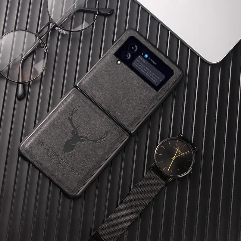 

Vintage Leather Case for Samsung Z Flip4 Case Vintage Elk Pattern Flip3 Business Shockproof Shell for Galaxy Z Flip 3 Case