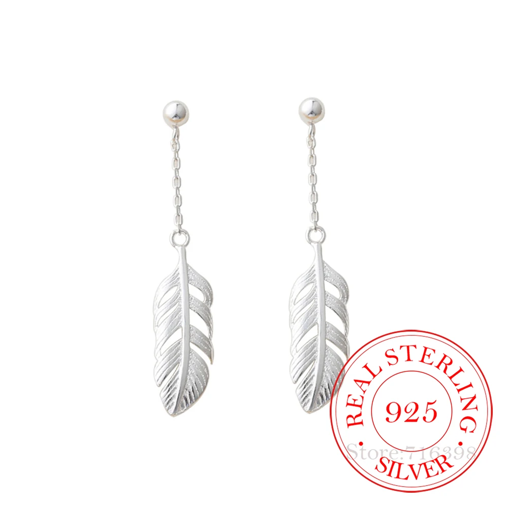

925 Sterling Silver Feather Charm Dangle Drop Earrings for Women Girls Wedding Party Gift Femme Jewelry