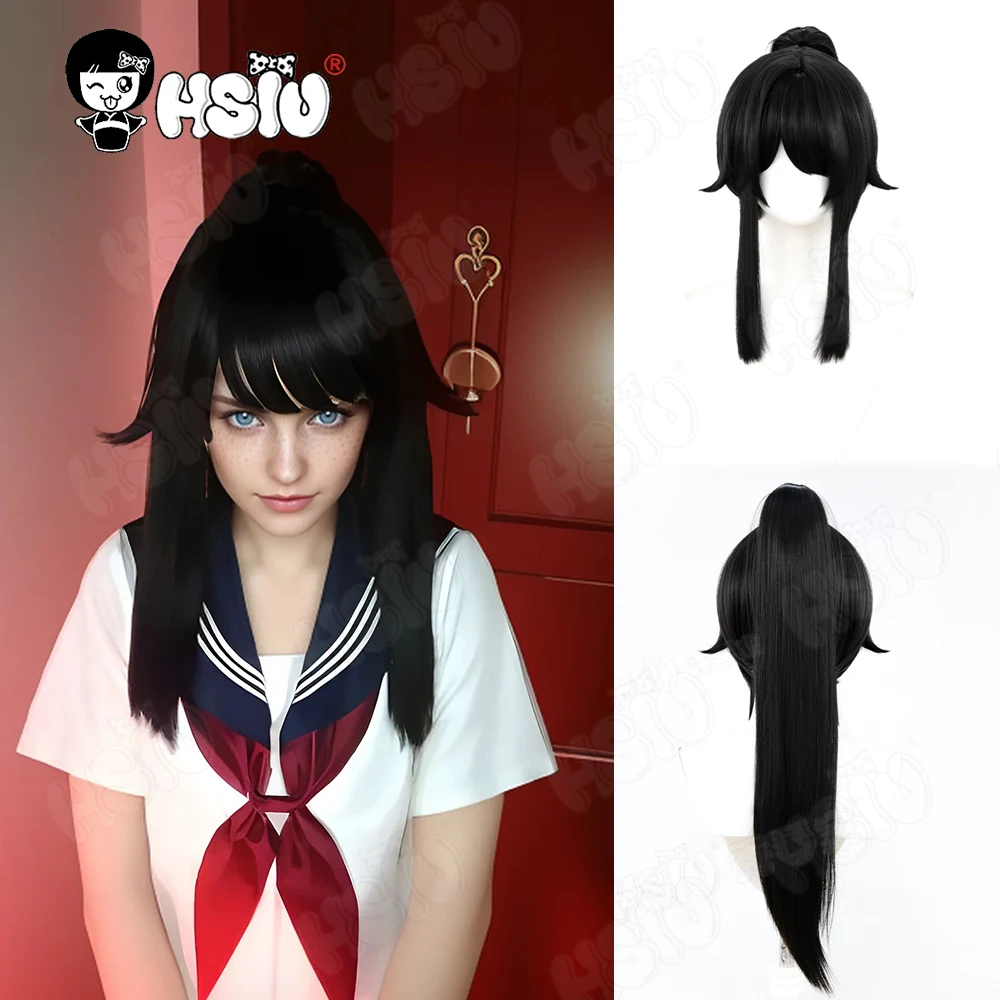 Фото Ayano Aishi Cospaly Wig Синтетический парик из волокна「HSIU」Длинный черный парик 60 см + шапочка для парика Игровой yandere Simulator Парик Ayano Aishi №1