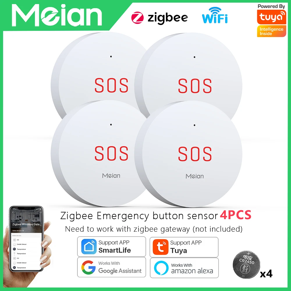 Zigbee Tuya SOS Emergency Button Home Security Protection Alarm System Alarm Button Work With Smart Life/Tuya APP and Hub(4PCS)