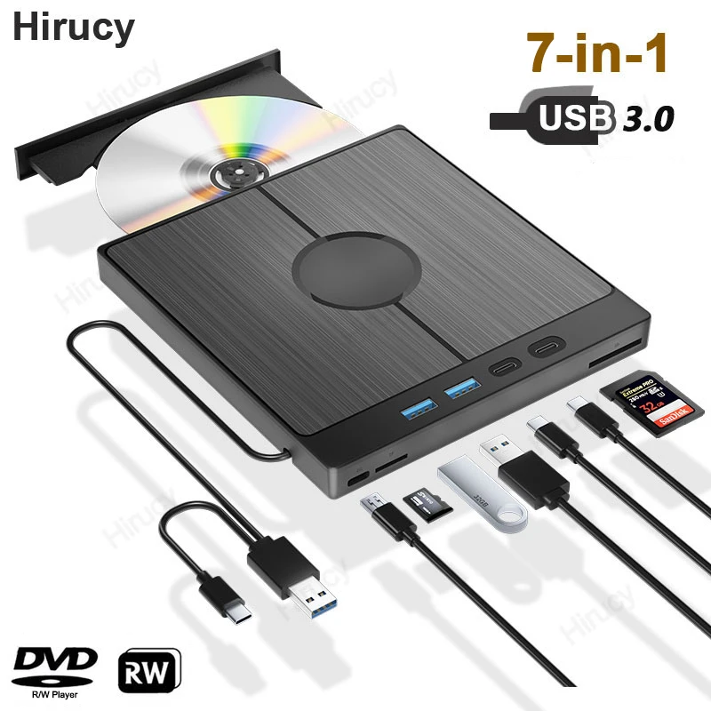 7-в-1 USB 3.0 Type C Внешний CD DVD RW Оптический привод DVD-плеер Устройство записи