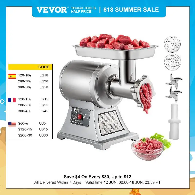 VEVOR Commercial Heavy Duty Electric Meat Mincer 250KG/H Max Powerful Home Portable Sausage Stuffer Meat Mincer Food Processor 
