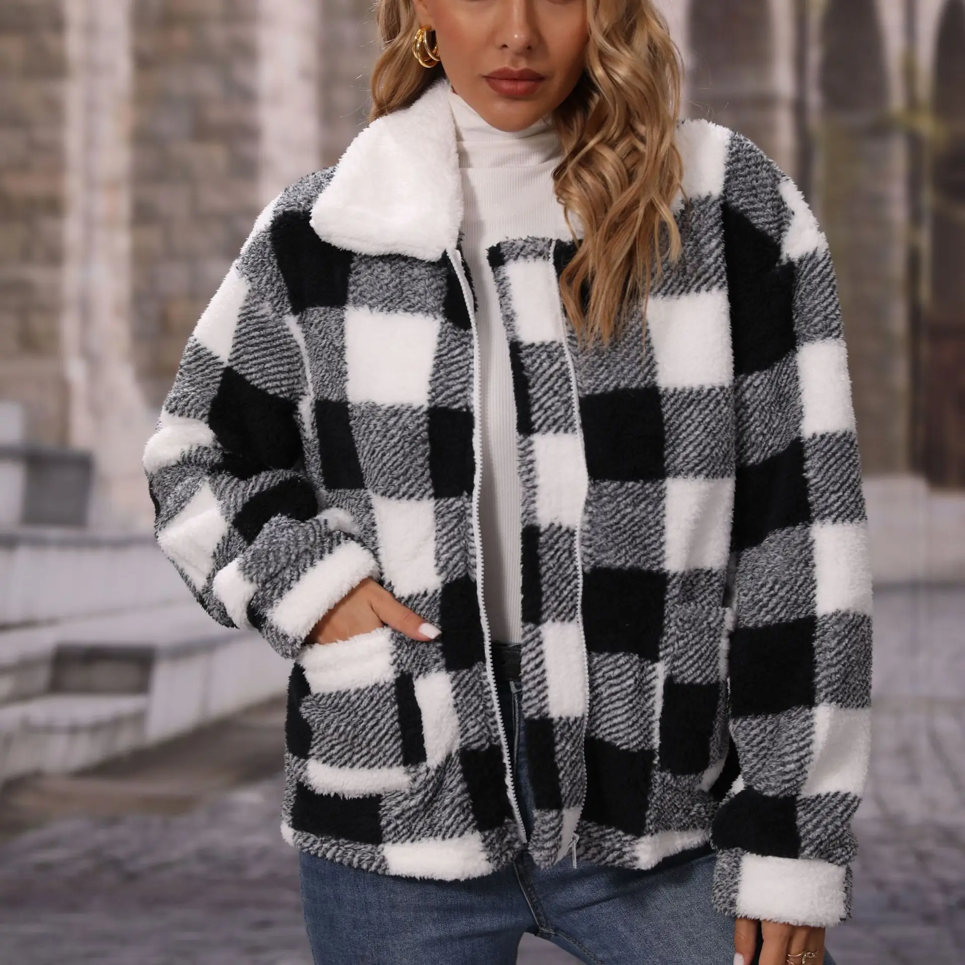 Plaid Fleece Jacket For Women Plush Thick Outerwear Korean Fashion Lapel Long Sleeve Zipper Loose Reversible Velvet Casual Coat