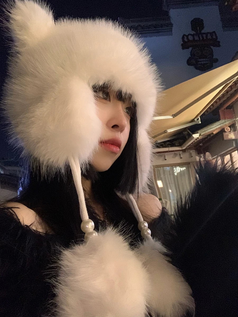 Cute Bear Ear Hat Female Winter All-Match Warm Knitted Woolen Cap Earmuff Plush Hanging Ball Fur |