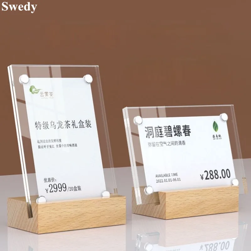 

60x90mm L Shape Table Number Place Card Holder Wood Base Acrylic Sign Holder Display Stand Price Label Paper Tags