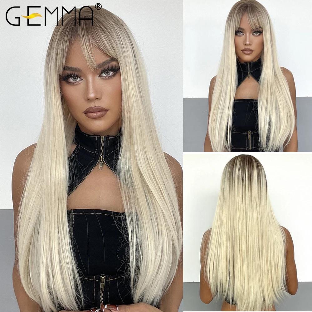 

GEMMA длинные прямые синтетические парики Омбре коричневый блонд парик с челкой для женщин Косплей Лолита ежедневный парик Термостойкое волокно