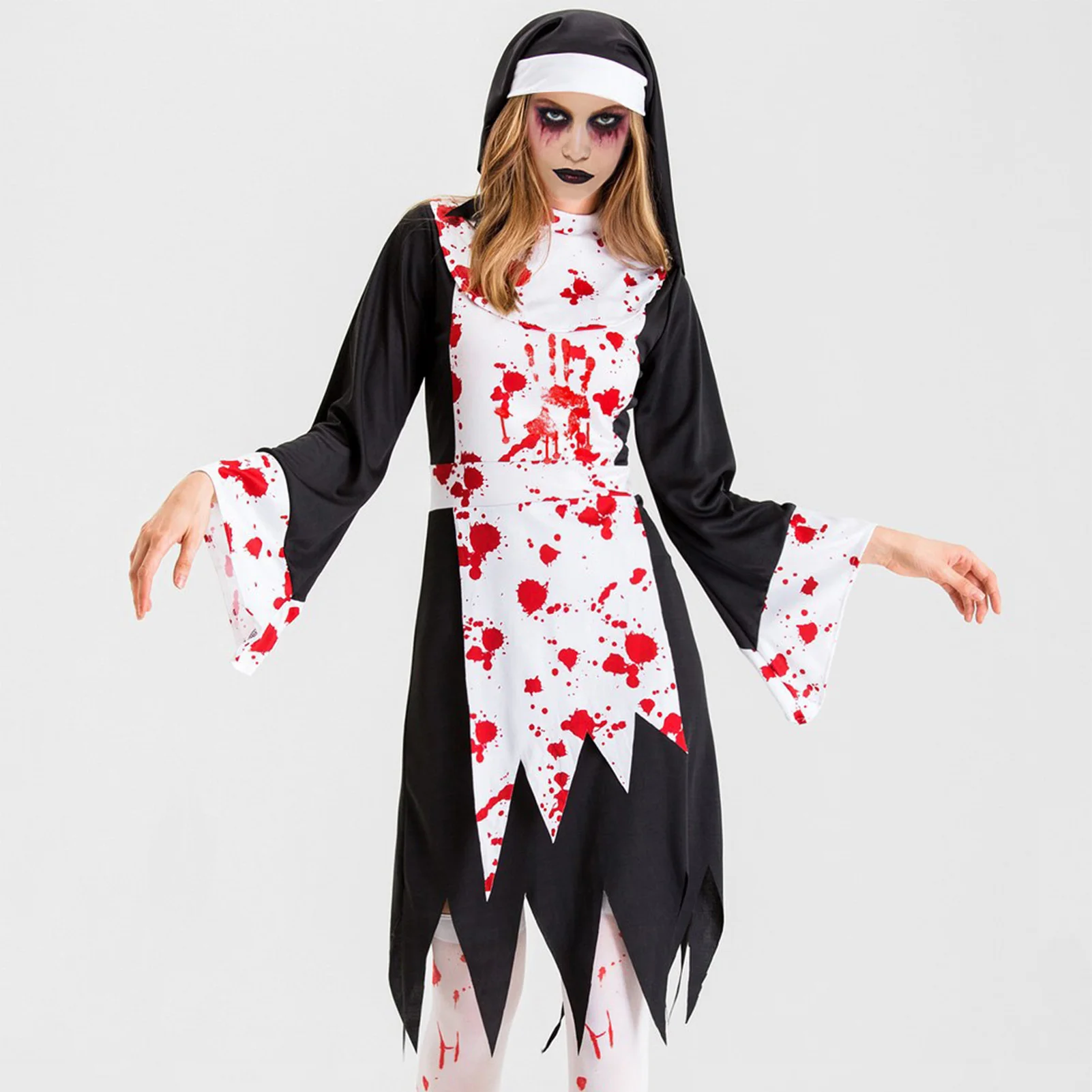 

Women Gothic Fancy Dress Slim Fit Bloody Stained Nun Dress with Hat Zipper Closure Halloween Masquerade Dress