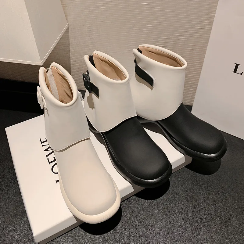 

MKKHOU Fashion Short Boots Women New High Quality Leather Matte Round Head Thick Soles Boots Street Rain Boots