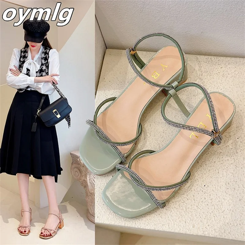 

2022 spring heel square head rhinestone middle heel spot rubber buckle breathable and comfortable fashion women's sandals