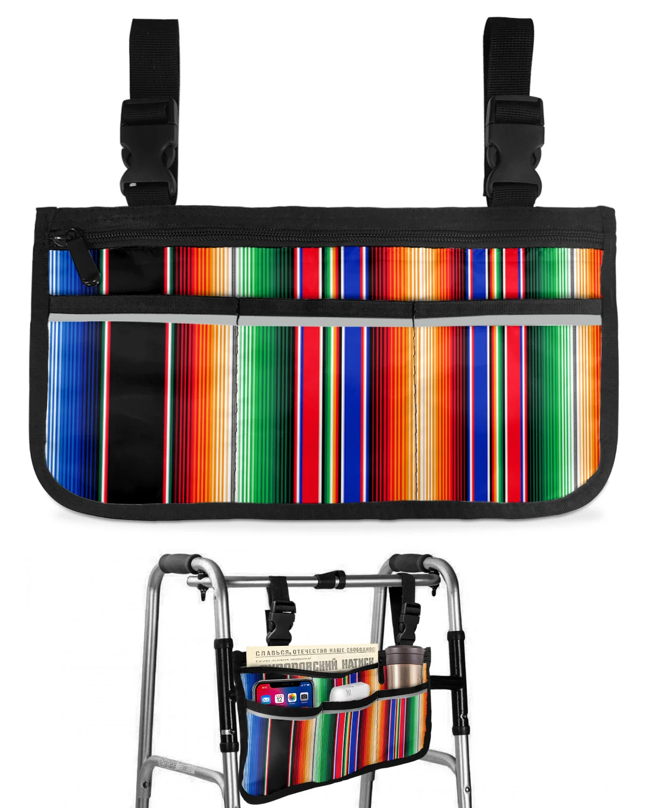 

Mexican Stripes Colorful Stripes Wheelchair Bag With Pockets Armrest Side Bags Electric Scooter Walking Frame Storage Pouch