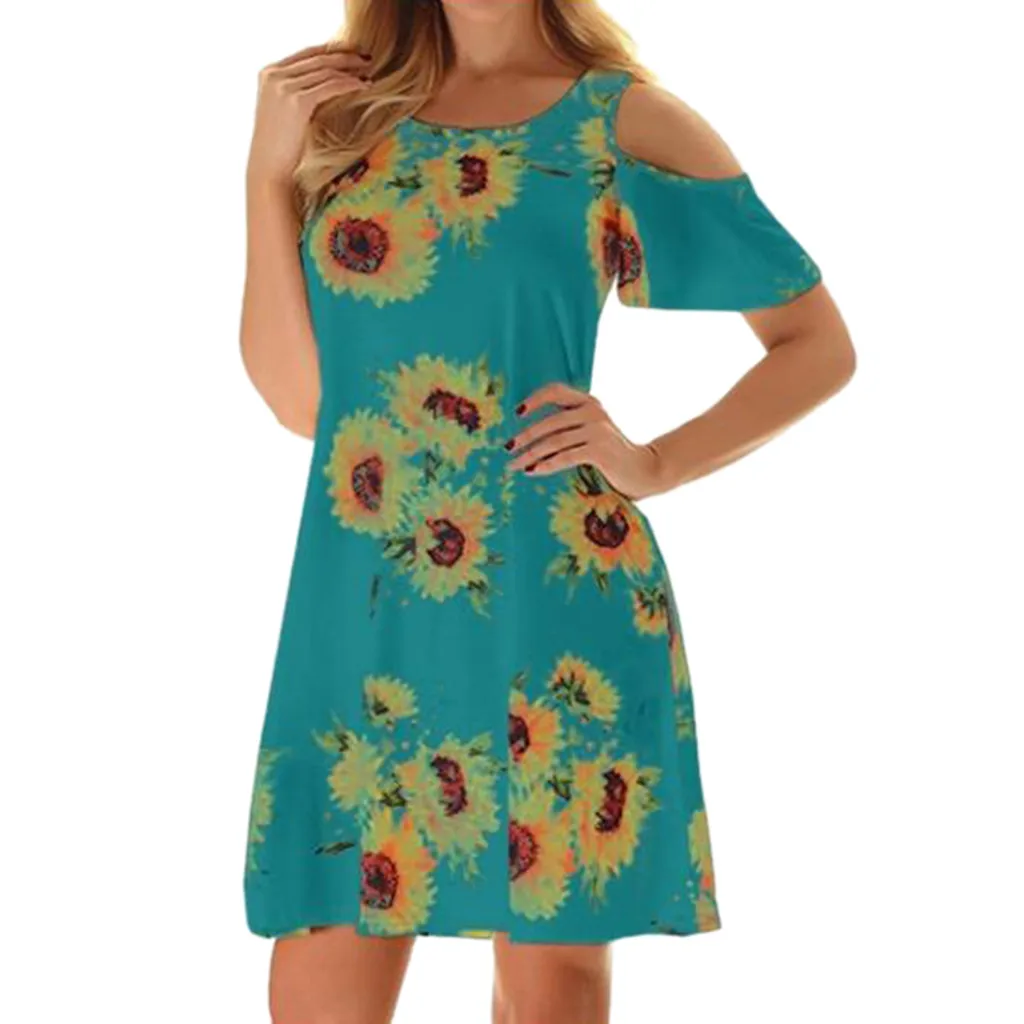 

Women's Casual Off Shoulder Short Sleeve Sun Flower Print Loose Dress Petite Maxi Dresses