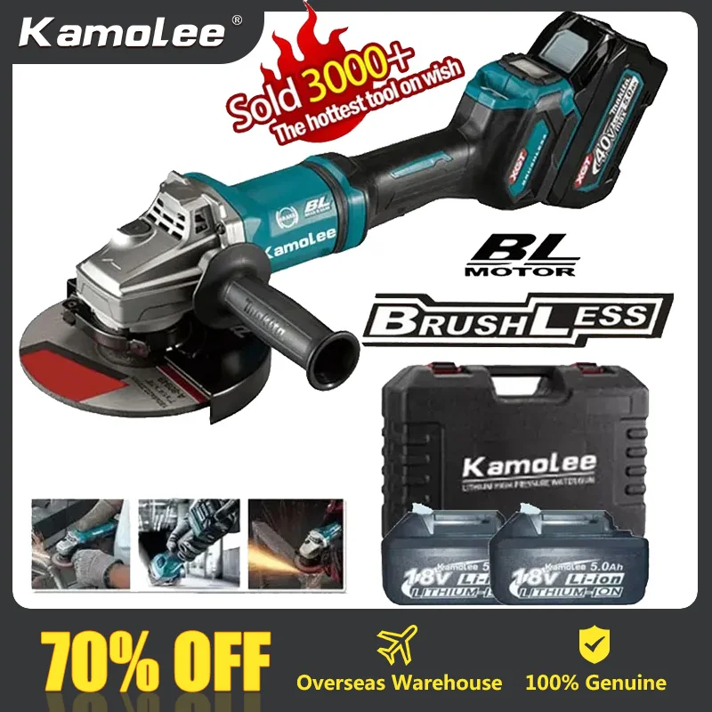 

Kamolee Brushless Electric Angle Grinder 4 Gear Cutting Machine Power Tool with Lithium-Ion Battery For Makita 18V Battery