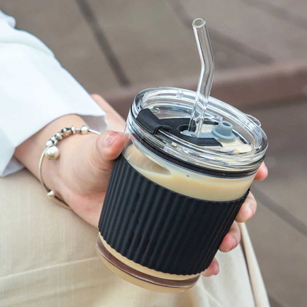 

Glass Straw Cup Milk Coffee Cup With Lid Portable Travel Glass Mug Coffee Cup Water Bottle Drinkware For Kitchen Office