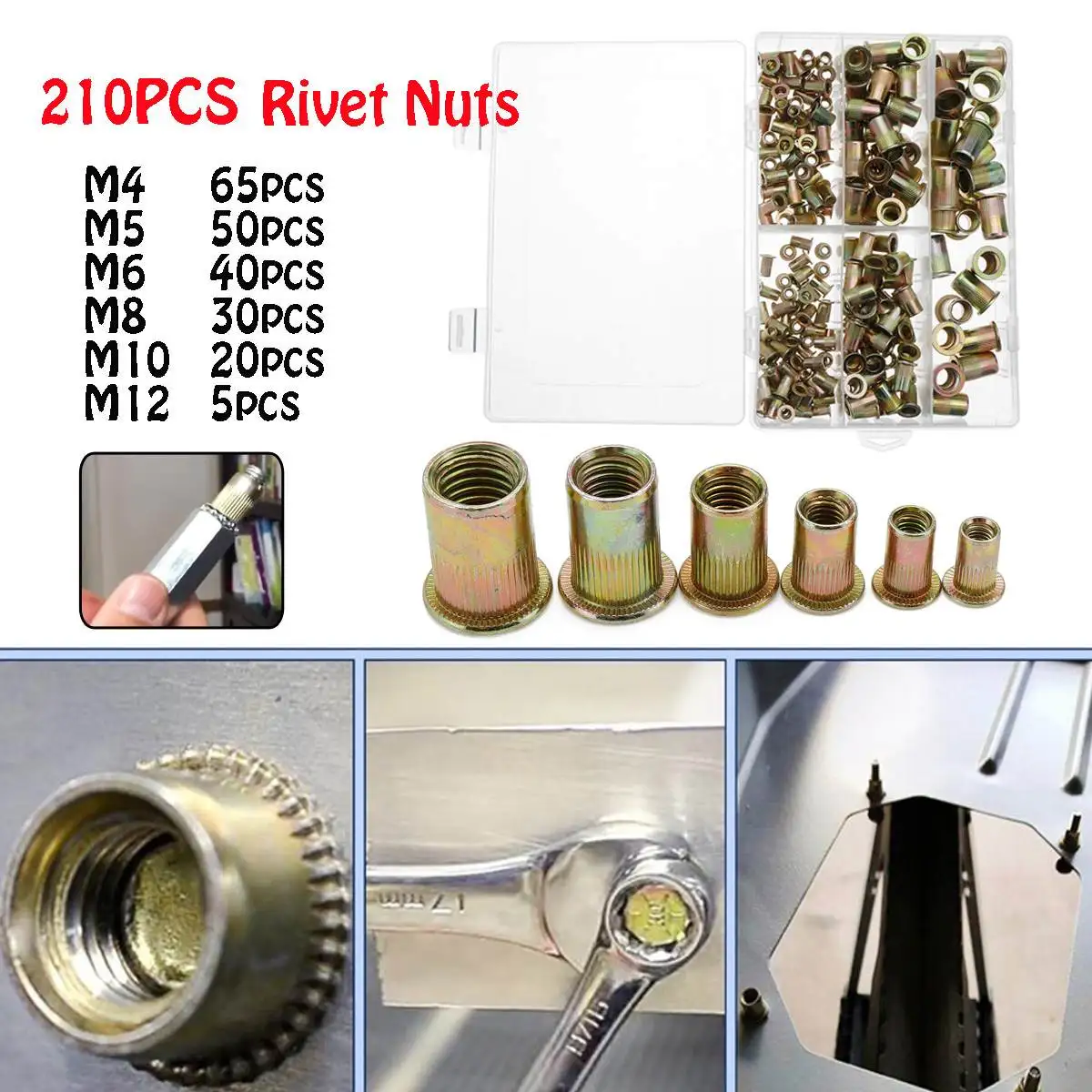 

MTGATHER 210Pcs M4 M5 M6 M8 M10 M12 Mixed Carbon Steel Zinc Plated Knurled Rivet Nuts Flat Head Threaded