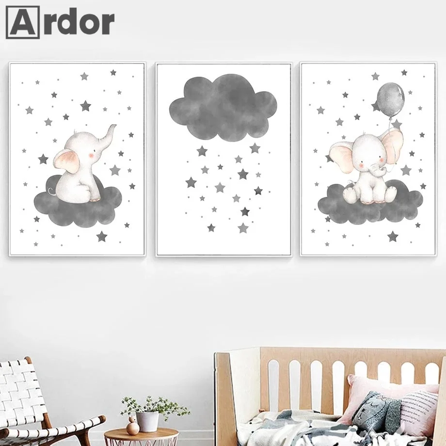 

Abstract Elephant Wall Art Poster Cloud Star Art Print Gray Balloon Canvas Painting Nordic Pictures Baby Kids Room Home Decor