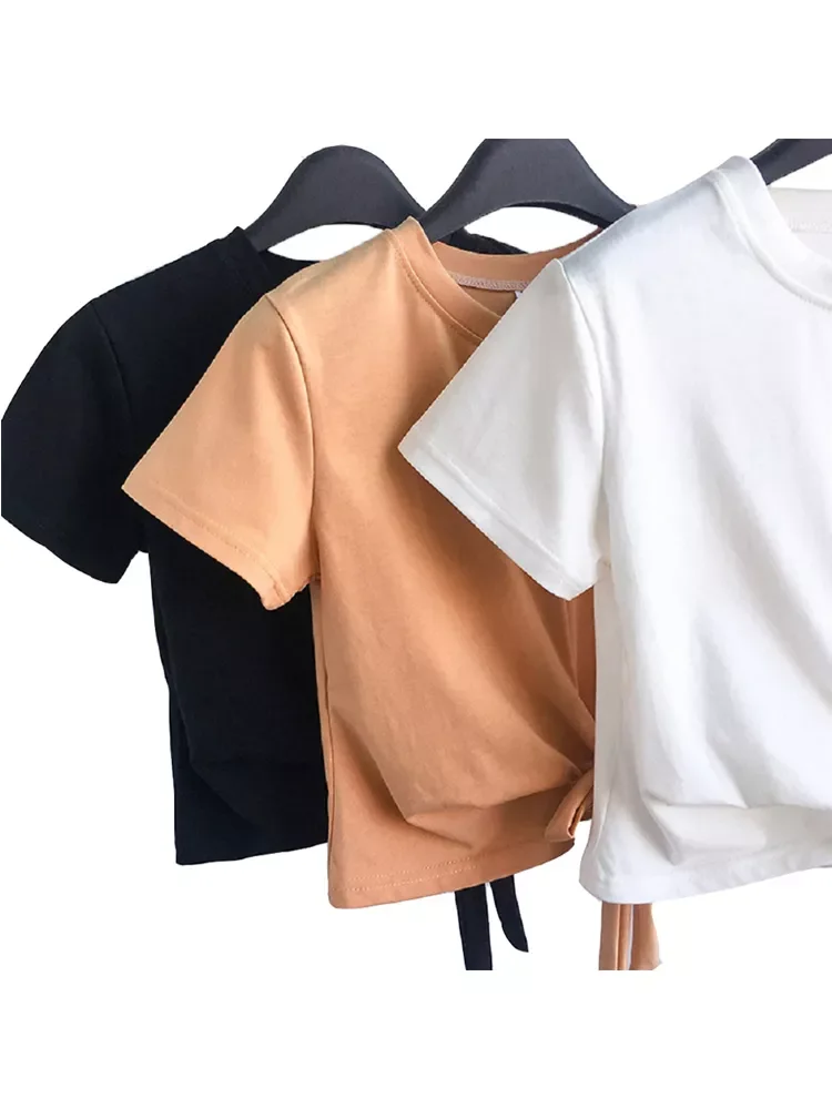 

2022NEW Women Summer Short Sleeve T-shirt Solid Color Round Neck Short Tops Drawstring Sexy Ladies Simple Fashion T-shirts M-XXL