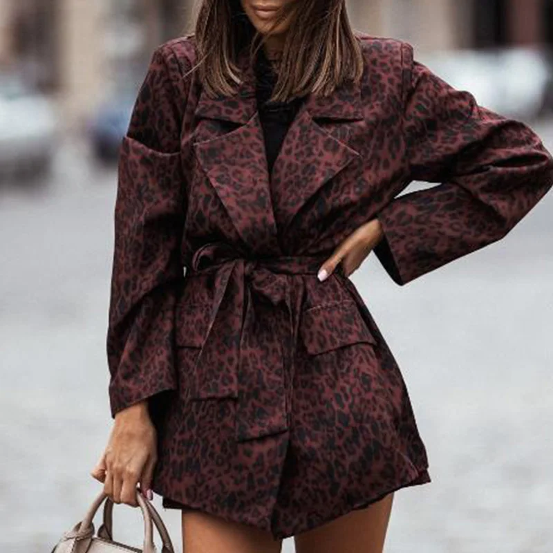 

Retro Leopard Print Shorts Suit Set Spring Turn-down Collar Women Blazers & Elastic Waist Short Pants Outfits Autumn Office 2pcs