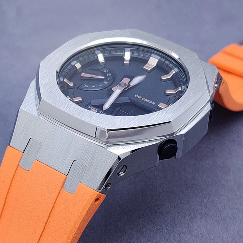 for GMAS2100 Metal Bezel Custom Shorter Fluoro Rubber watchband Stainless steel Replacement for Smallest GMA-S2100 Accessories