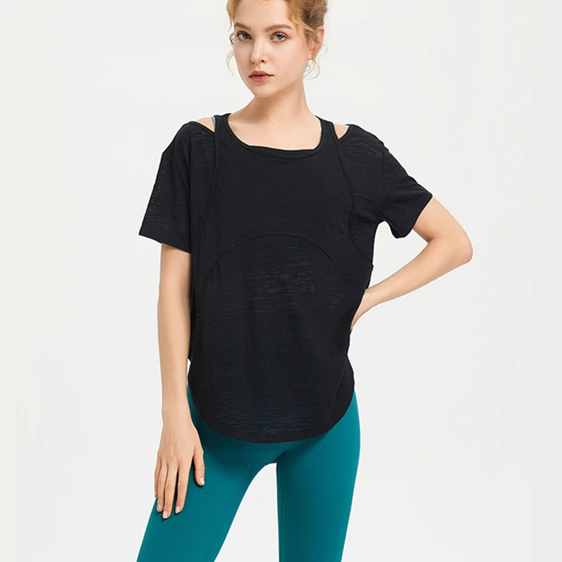 Summer Women Thin Loose Yoga Shirt Short Sleeve Sport T-Shirt Breathable Running Shirts Curve Hem Gym Fitness Tops Blouse Female