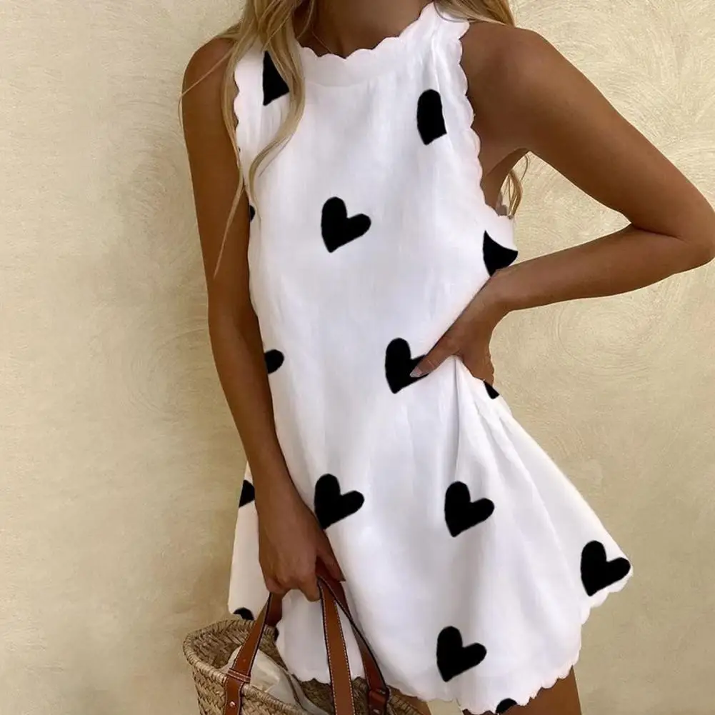 

Heart Print Women Dress Fan-shaped Edge Contrast Color Women Dress Summer Sleeveless Above Knee Dress O Neck A-line Lady Dress