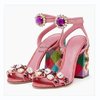 women sandals pink square heel sandal with rhinestone decoration buckle strap closure chunky heel pumps high heels pluse size 43
