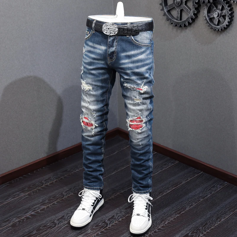 High Street Fashion Men Jeans Retro Blue Elastic Stretch Skinny Ripped Jeans Men Red Patched Designer Hip Hop Brand Pants Hombre