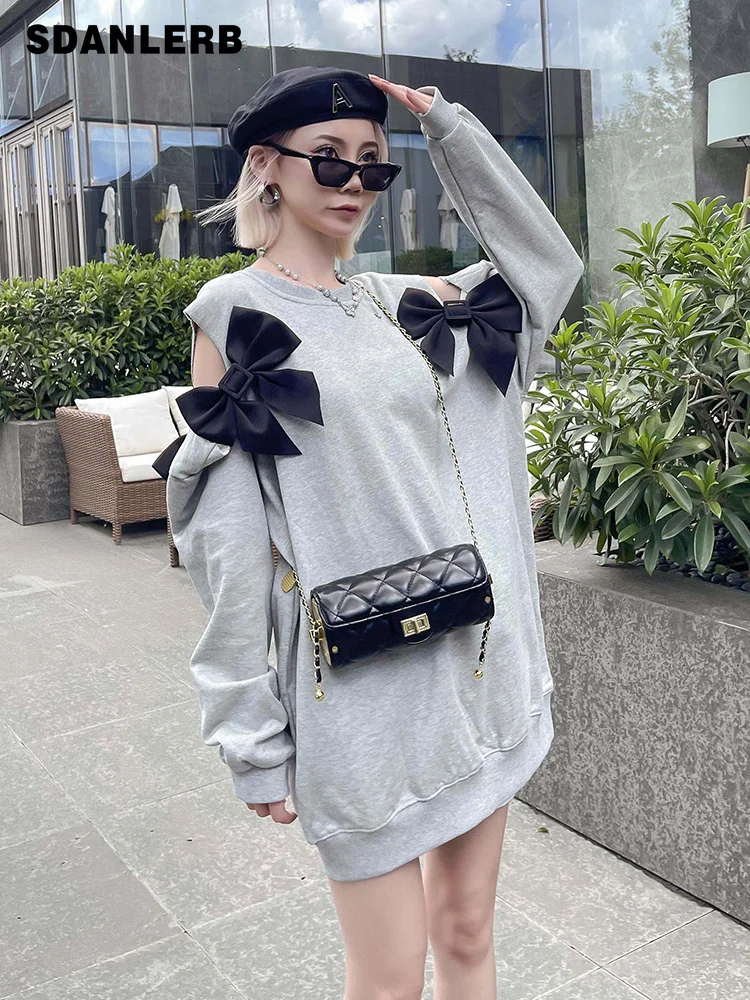 Gray Hooded Sweatshirt for Women Advanced Texture European Station Spring and Autumn 2022 New Round Neck Fashion Midi Pullover